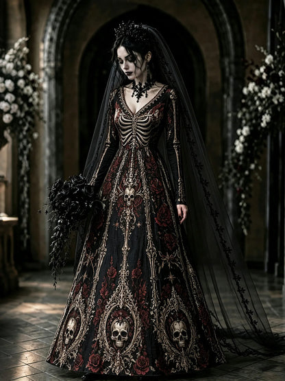 Women's Retro Halloween Gothic Skull And Rose Floral Art V-neck Maxi Dress
