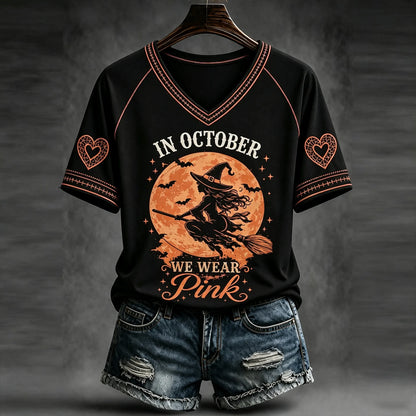 Women's Halloween Witch Broom Print Art V-neck Casual Top