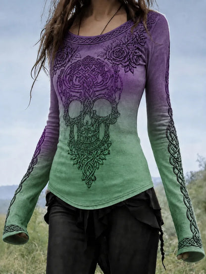 Women's Halloween Gothic Celtic Skull Flowers Pattern Casual T-shirt