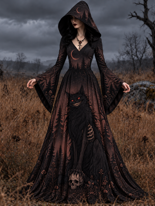 Women's Black Cat Halloween Art Long-sleeve Hooded Long Dress