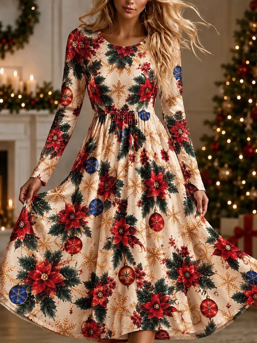 Women's Christmas-Themed Long-Sleeved Maxi Dress