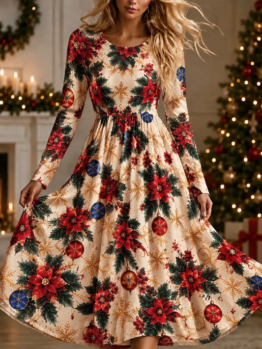 Women's Christmas-Themed Long-Sleeved Maxi Dress