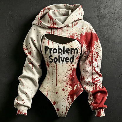 Women's Retro Halloween Bloodstain Problem Solved Print Hoodie Two-piece Set