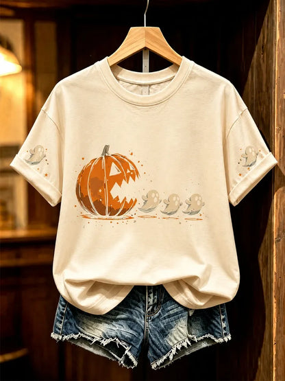 Women's Halloween Pumpkin And Ghost Fun Pattern Short-sleeve Top