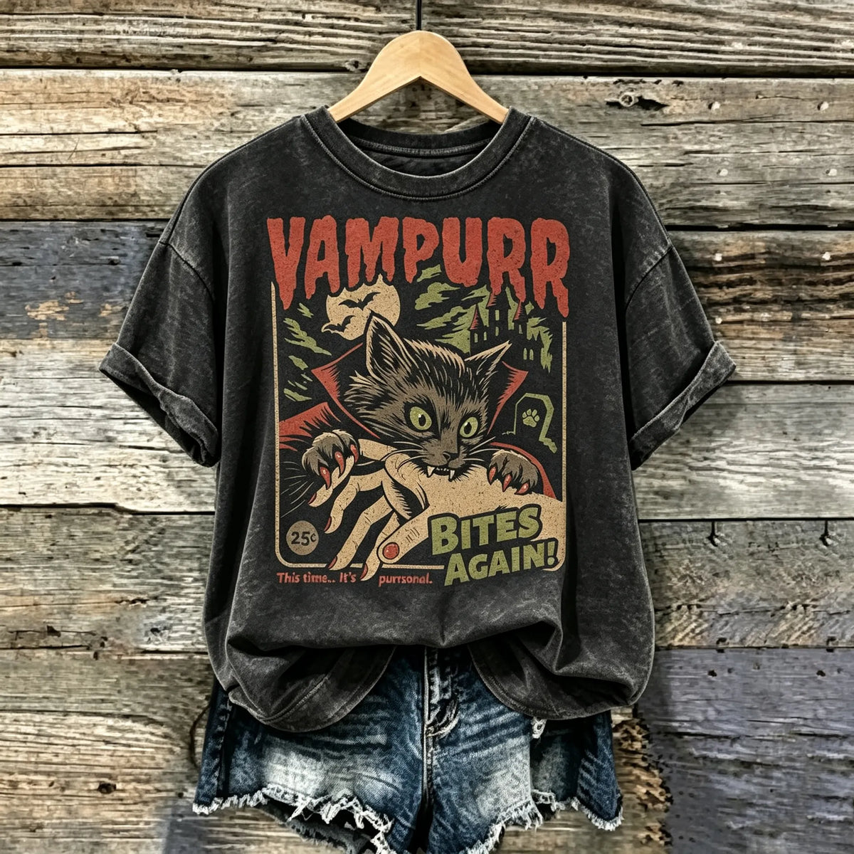 Abstract Creative Retro Halloween Vampire Cat Art Casual T-shirt