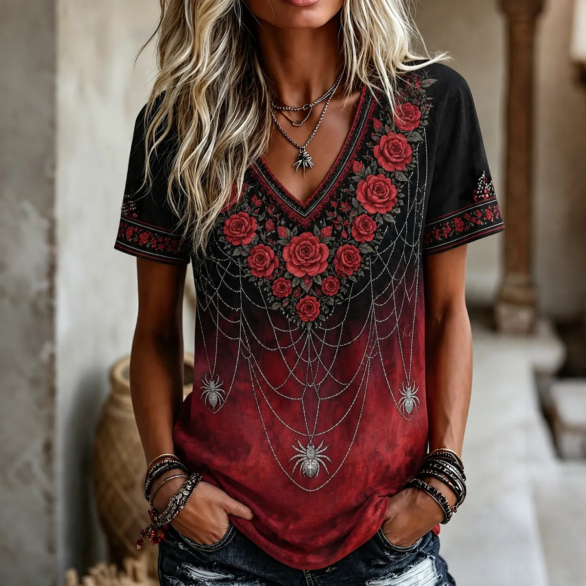 Vintage Gothic Spider Flower Embroidery V Neck Short Sleeve Top