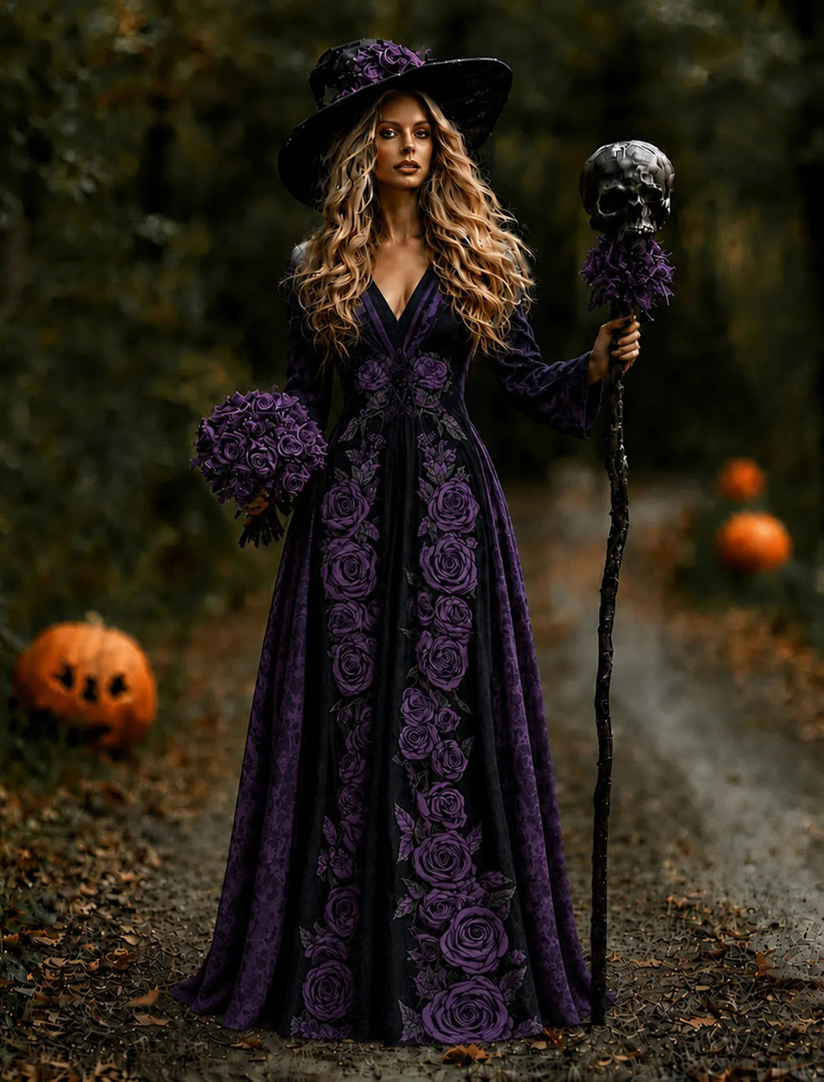Women's Vintage Halloween Purple Rose Art Comfy Linen Maxi Dress