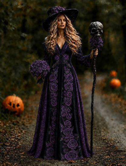 Women's Vintage Halloween Purple Rose Art Comfy Linen Maxi Dress