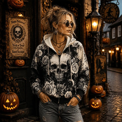 Women's Gothic Skull And Roses Graphic Zip-up Hoodie - Vintage Floral Bones Print Casual Jacket