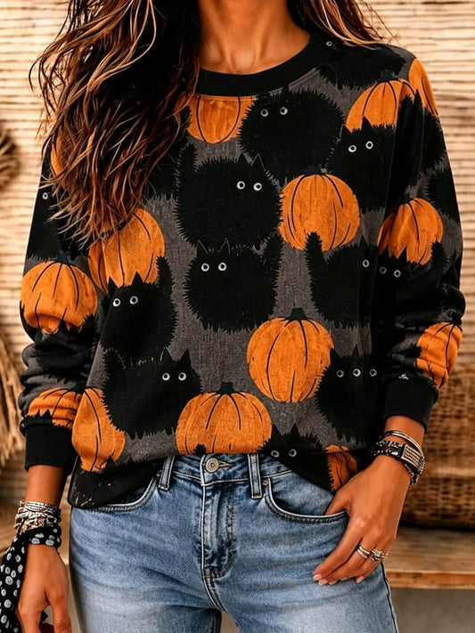 Women's Halloween Black Cat And Pumpkin Print Casual Sweatshirt