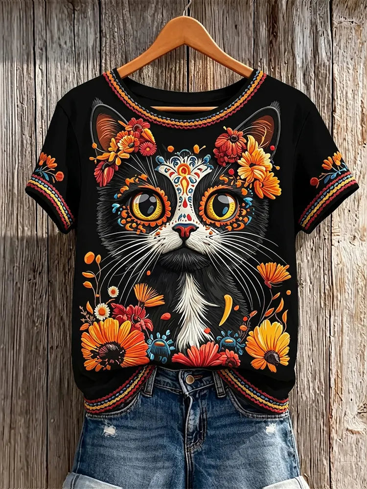 Women's Retro Vacation Floral Cat Skull Design Cotton Linen Crew Neck Short Sleeve T-shirt
