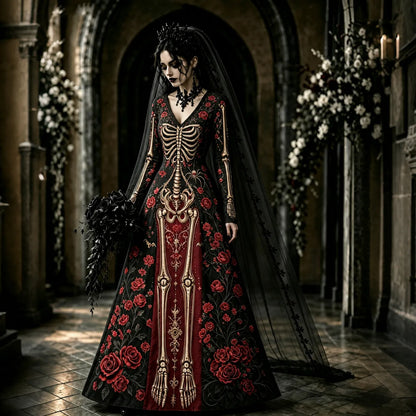 Women's Retro Halloween Gothic Skeleton And Rose Floral Art V-neck Maxi Dress