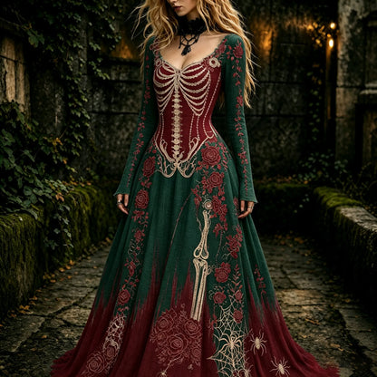 Women's Retro Gothic Skeleton And Rose Pattern Maxi Halloween Dress
