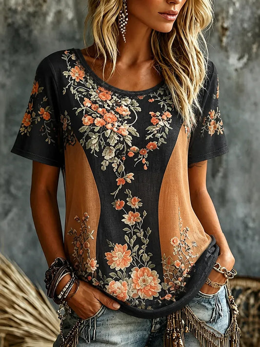 Women's Retro Floral Color Block Crew Neck Short Sleeve T-shirt