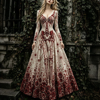 Women's Halloween Gothic Skeleton Art V-neck Maxi Dress
