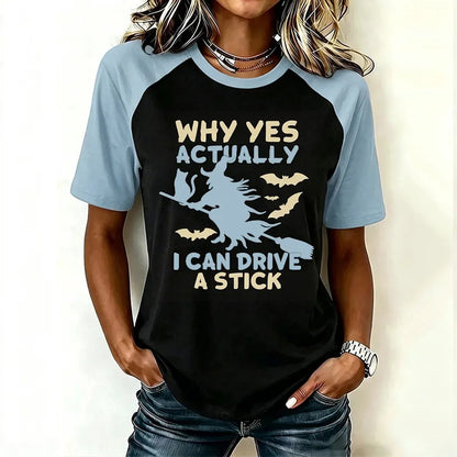 Women's Retro Halloween Theme Pattern I Can Drive A Stick Print Short-sleeve T-shirt