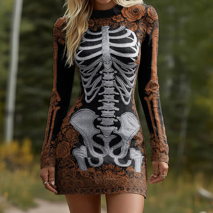 Women's Halloween Skeleton Bones Leather With Rose Pattern Art Hot Sexy Style Cozy Knit Mini Sweater Dress