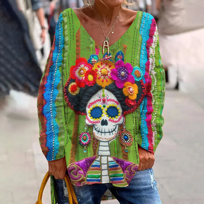 Classy Mexican Sugar Skeleton Catrina Day Of The Dead Inspired Pattern Art Printed V-Neck T-Shirt