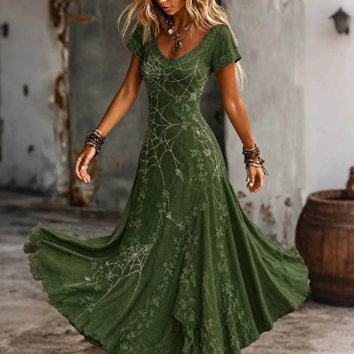 Women's Retro Gothic Spiderweb And Floral Lace Print Short-sleeve Mixi Dress