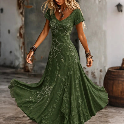 Women's Retro Gothic Spiderweb And Floral Lace Print Short-sleeve Mixi Dress