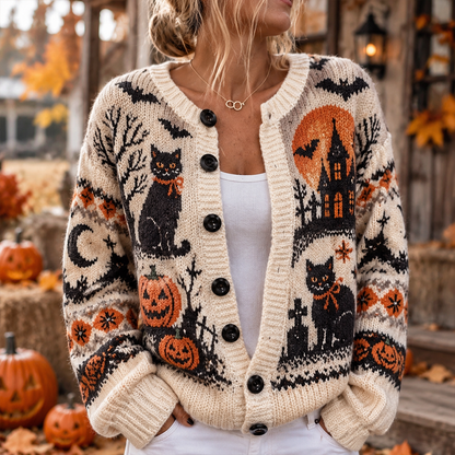 Women's Halloween Vintage Castle Black Cat Cardigan