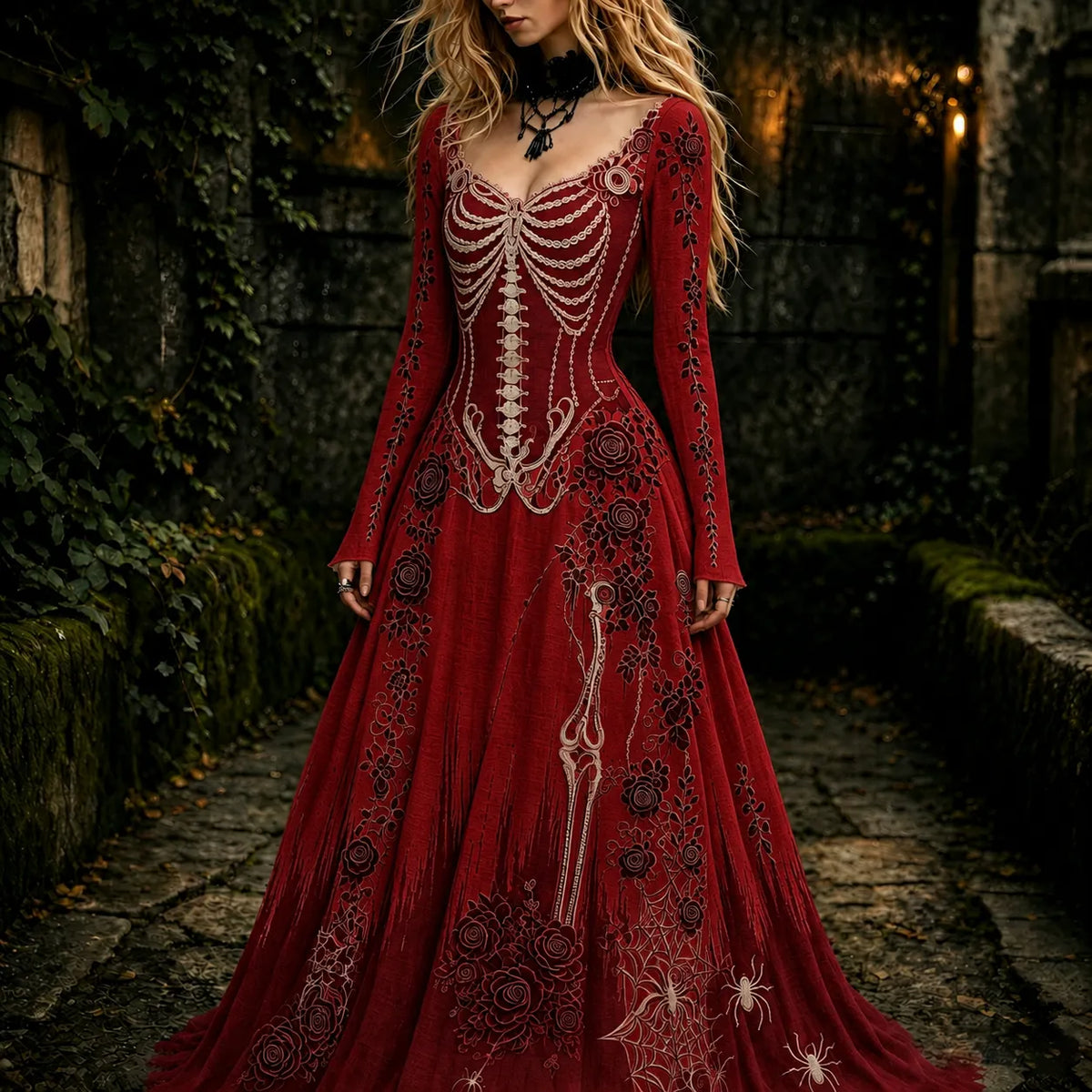 Women's Retro Gothic Skeleton And Rose Pattern Maxi Halloween Dress