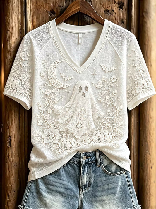 Women's Halloween Ghost Lace Art Print V Neck Short Sleeve T-Shirt