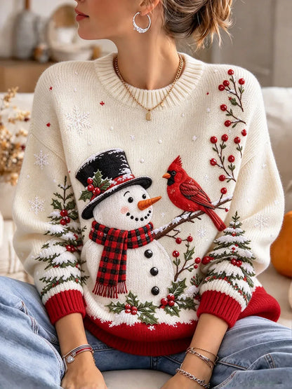 Ladies' Christmas Snowman Pattern Casual Knitted Shirt