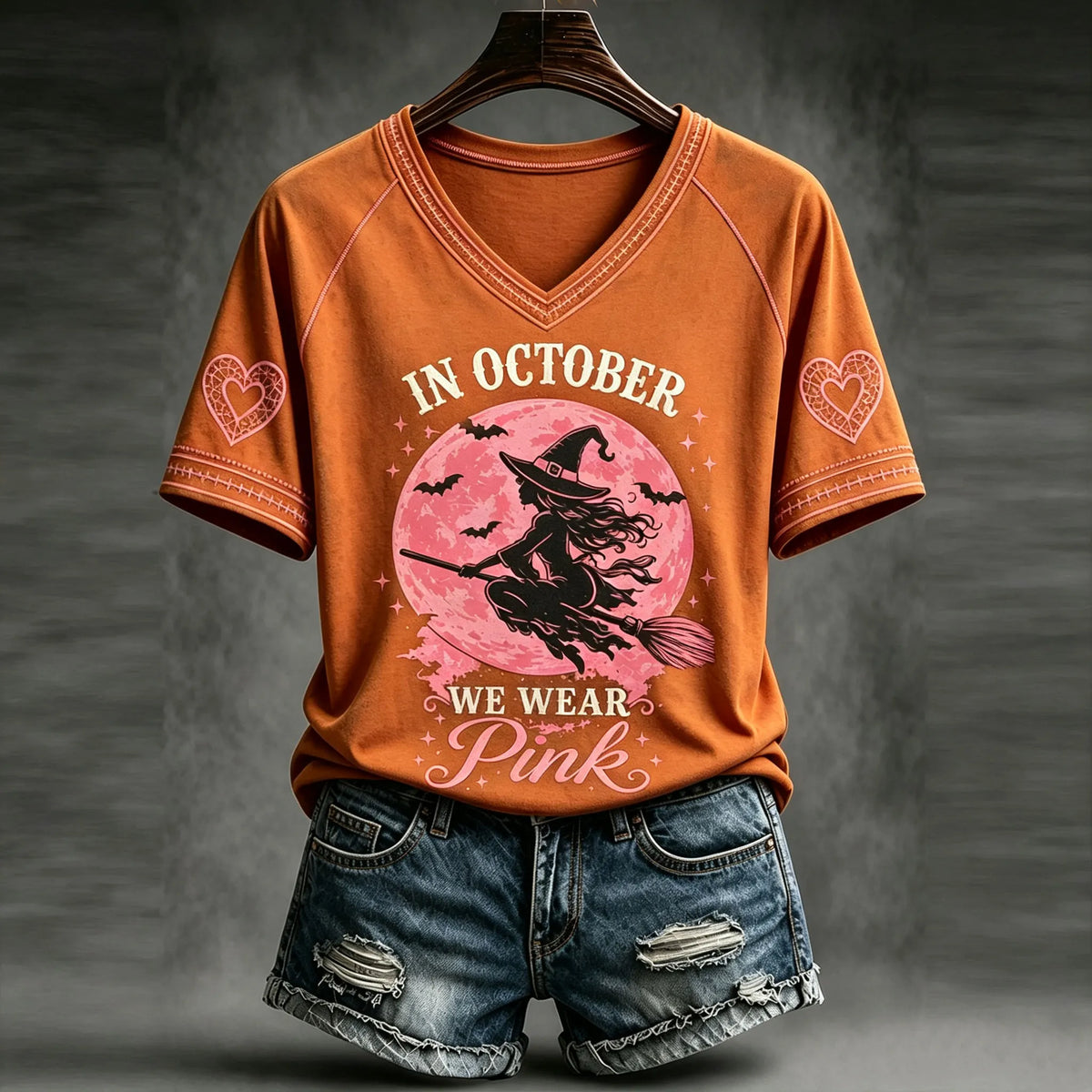Women's Halloween Witch Broom Print Art V-neck Casual Top