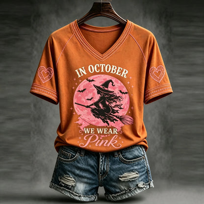 Women's Halloween Witch Broom Print Art V-neck Casual Top