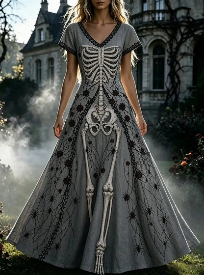 Women's  Retro Gothic Skull Floral Pattern Short Sleeves Maxi Halloween Dress