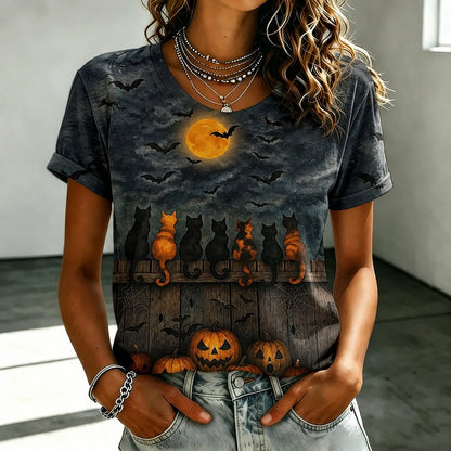Women's Retro Halloween Pumpkin, Bat, And Cat Elements Cotton Linen T-shirt