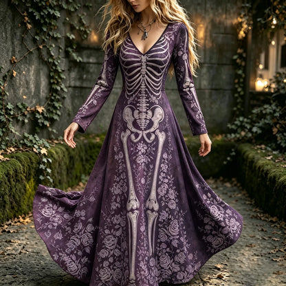 Women's Retro Halloween Gothic Floral Pattern Print V-neck Maxi Dress