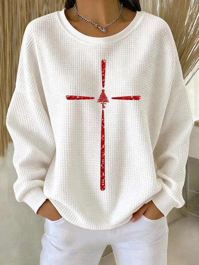 Women's Christmas Cross Printed Waffle Sweatshirt