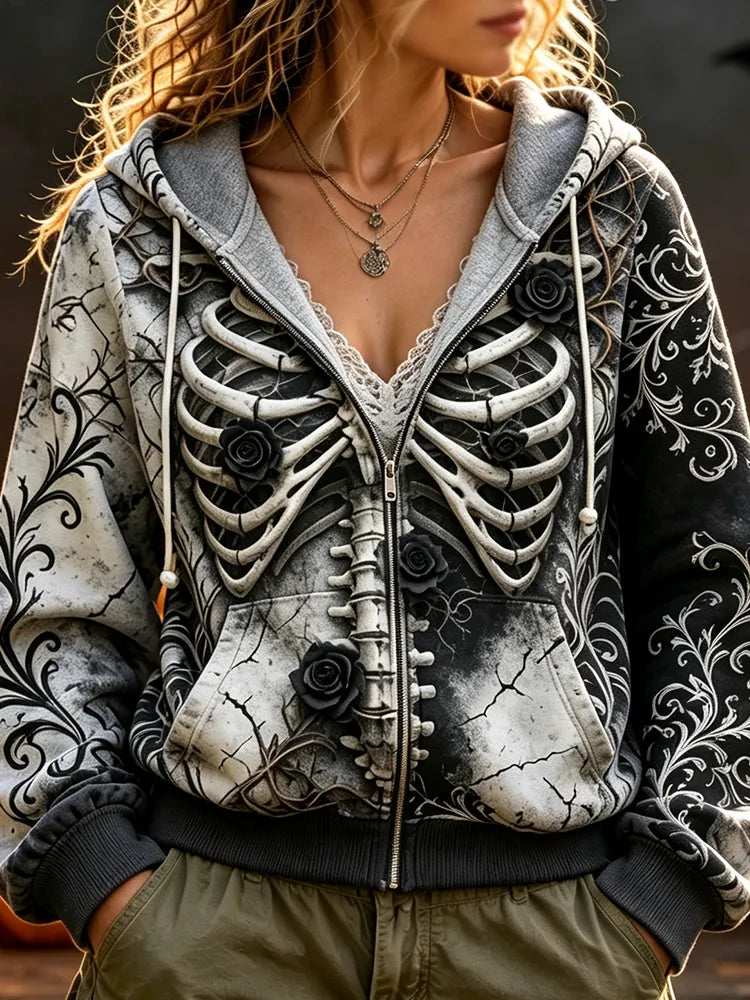 Women's Zip-up Hooded Sweatshirt - Gothic Skeletal Ribcage, Ornamental Vine Scrollwork And Rose Accents Print Outerwear
