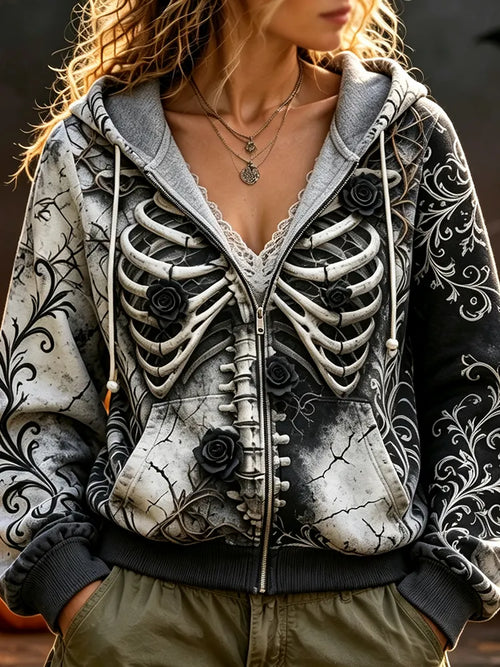 Women's Zip-up Hooded Sweatshirt - Gothic Skeletal Ribcage, Ornamental Vine Scrollwork And Rose Accents Print Outerwear