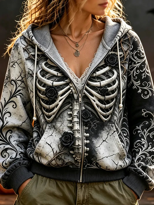 Women's Zip-up Hooded Sweatshirt - Gothic Skeletal Ribcage, Ornamental Vine Scrollwork And Rose Accents Print Outerwear