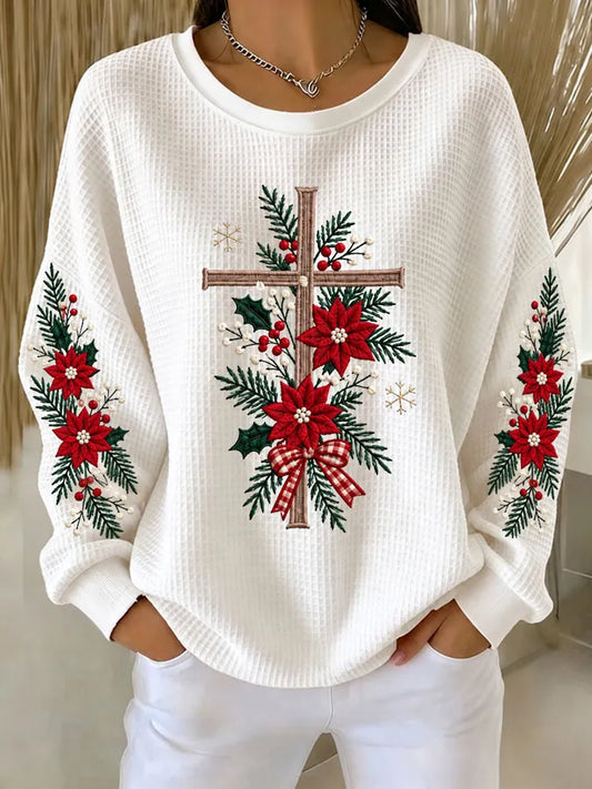 Women's Christmas Cross Printed Waffle Sweatshirt