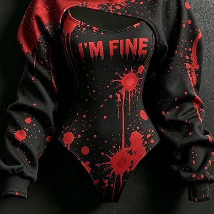 Women's Retro Halloween Bloodstain I'm Fine Print Hoodie Two-piece Set