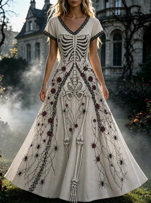 Women's  Retro Gothic Skull Floral Pattern Short Sleeves Maxi Halloween Dress