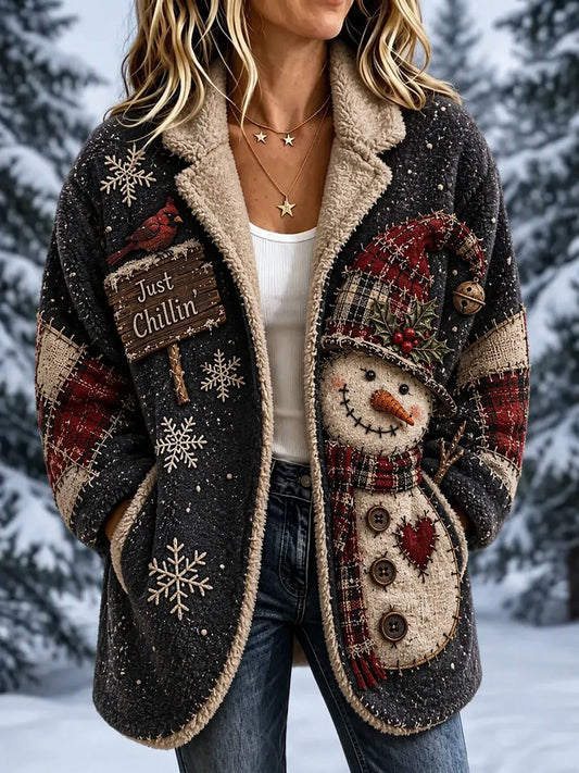 Women'S Christmas Snowman Pattern Casual Flannel Coat