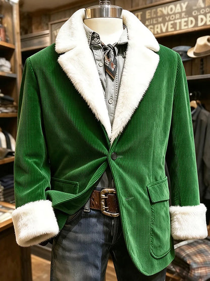 Men’s Christmas-Themed Fleece-Lined Corduroy Blazer