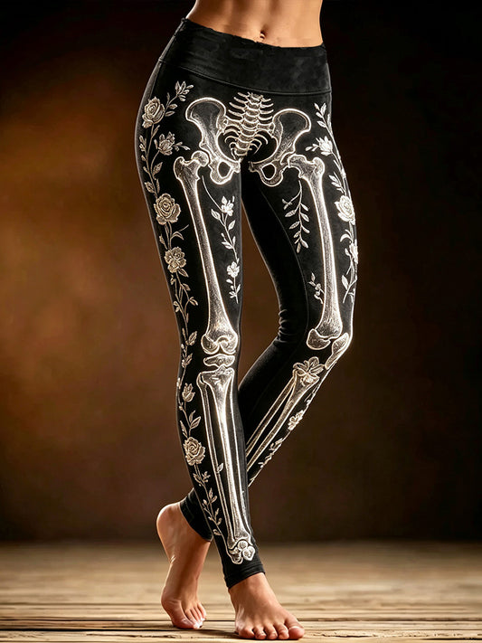 Women's Vintage Halloween Glowing Skull And Floral Art Casual Leggings