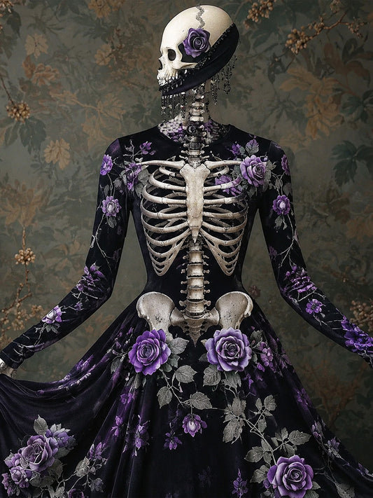 Women's Vintage Halloween Gothic Art Anatomy And Floral Art Comfortable Velvet Crew Neck Long Sleeve Dress