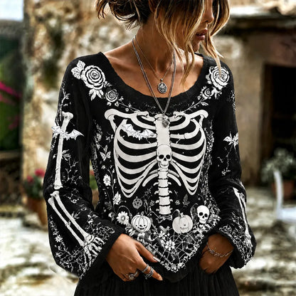 Halloween Skull Art Black And White Contrast Cotton Linen Long-sleeved Top
