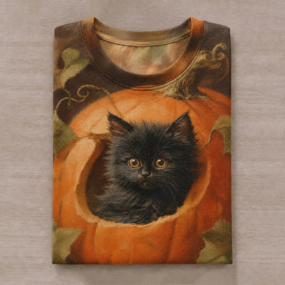 Women's Funny Cute Halloween Pumpkin And Cat Print Crew Neck Short Sleeve T-shirt