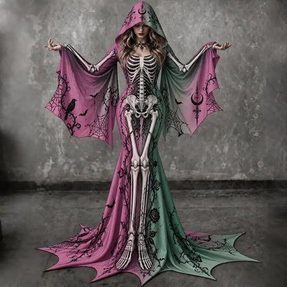 Women's Gothic Skeleton Batwing Flare Sleeve Round Neck Bodycon Maxi Dress With Hooded – Halloween Costume