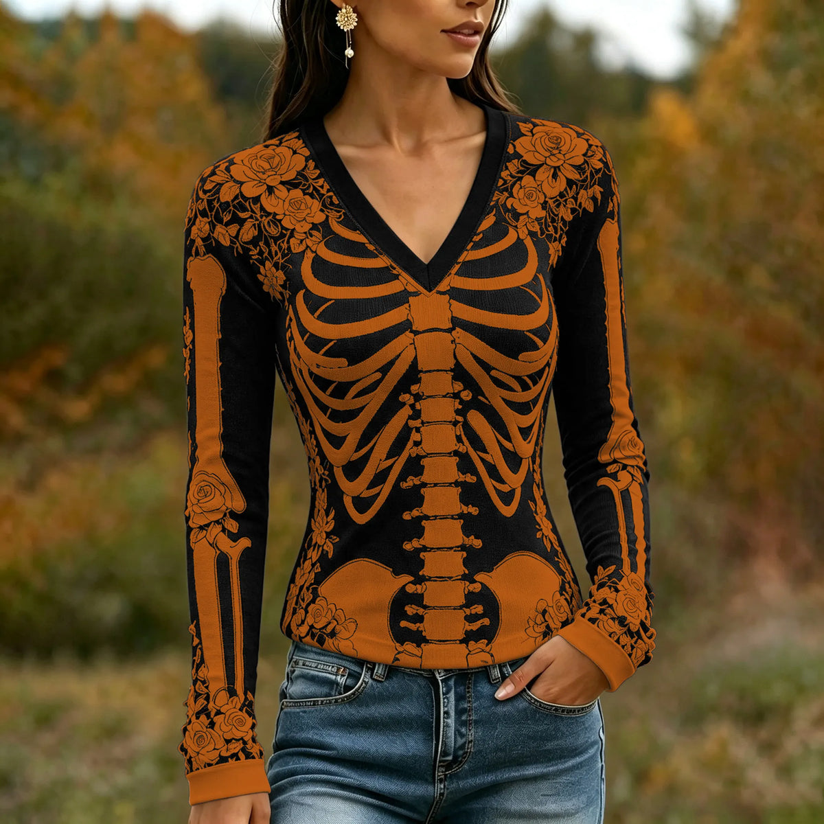 Women's Halloween Skeleton Bones With Roses Art Casual Long Sleeve V Neck T-shirt