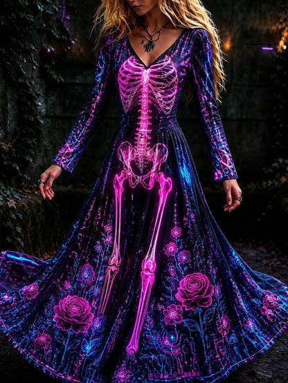 Women's Halloween-themed Cyberpunk Skeleton And Floral Print Dress