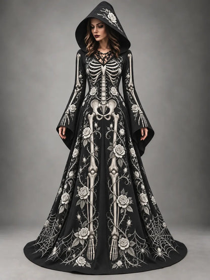 Women's Halloween Gothic Skeleton & Rose Floral Long-sleeve Hooded Long Dress